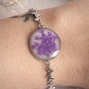 Real Dried Purple Flower Bracelet Stainless Steel Dolphin Charm